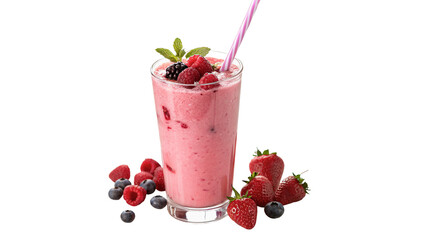 Delicious pink berry smoothie glass with fresh berries isolated on transparent background © Griffin
