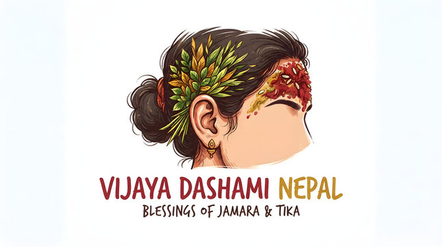 Woman's face with elaborate tika and jamara during Vijaya Dashami Nepal blessings, cultural celebration.