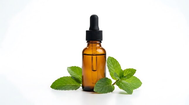 Essential oil in amber dropper bottle isolated on white background