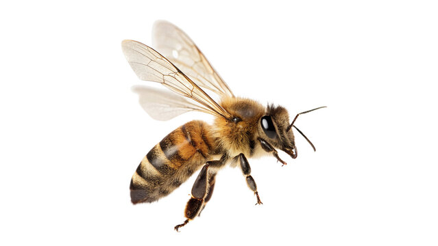 Single busy honey bee flying insect with transparent wings isolated on transparent background