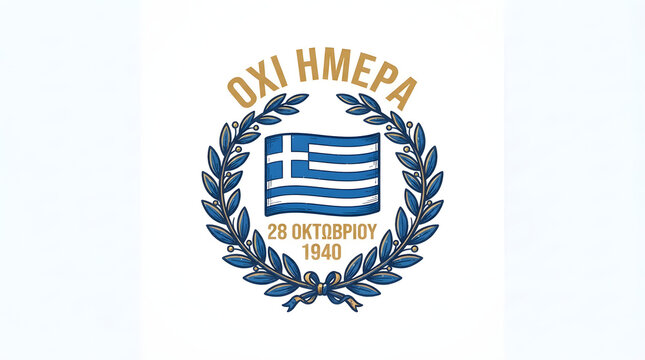 Oxi himera greek flag in laurel wreath celebrating october 28th 1940 historical event.