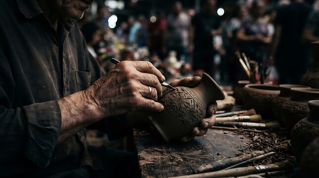 Skilful artisan carefully carving intricate patterns on a handmade ceramic pottery vase in a traditional workshop