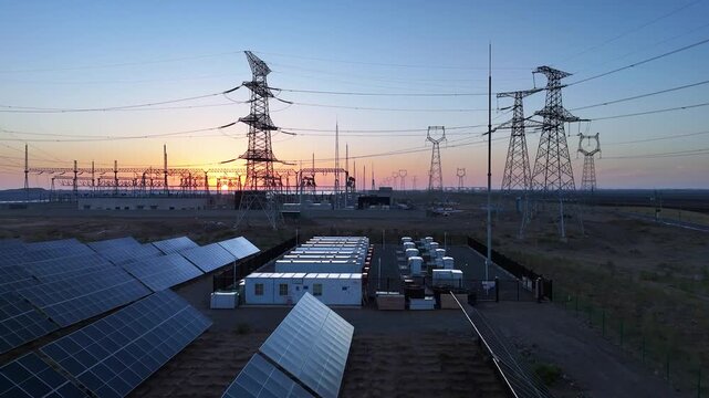 photovoltaic energy storage power station and transmission tower sunset landscape