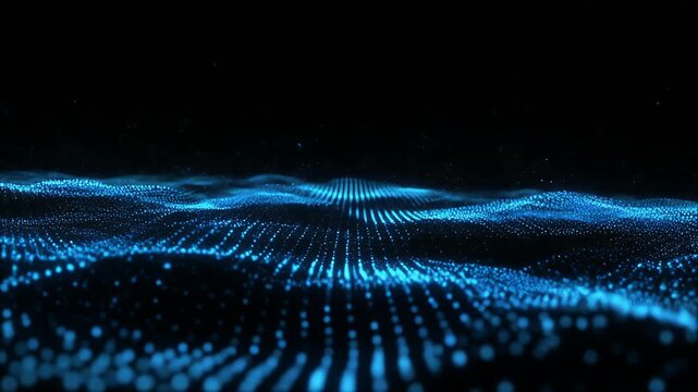 Abstract glowing blue particles forming a digital landscape.