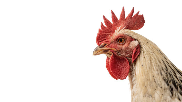 Close up portrait profile of domestic rooster head isolated on transparent background