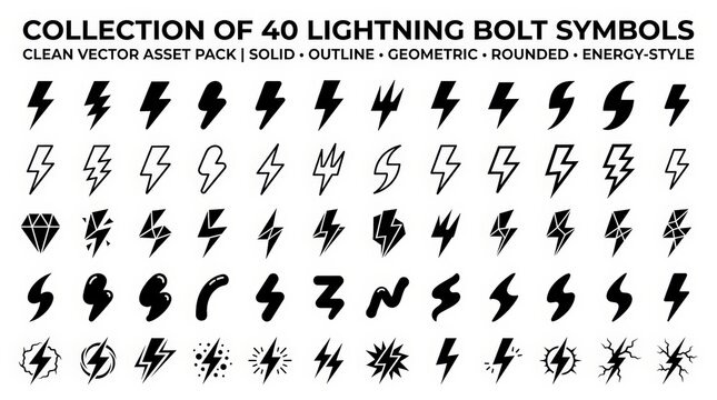 Collection of 40 lightning bolt symbols, clean black energy icons set, solid and outline geometric thunderbolt shapes for logo design