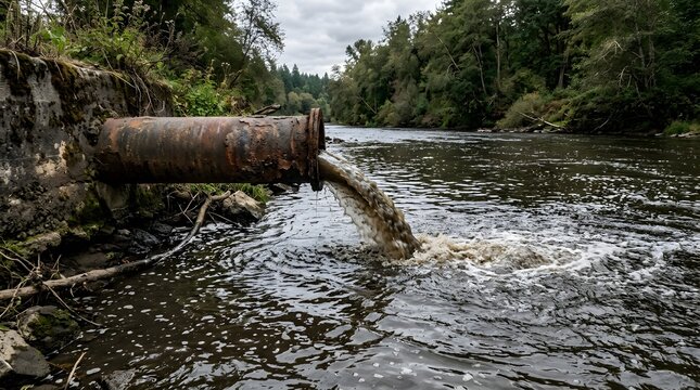 Industrial pipe discharging wastewater into a forest river