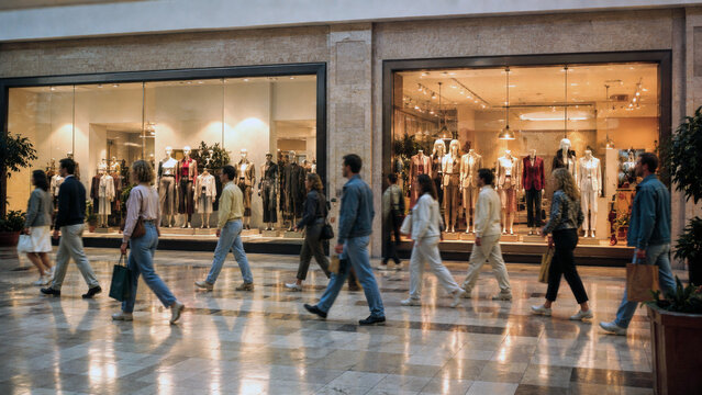 Busy shopping mall with people walking past modern fashion store windows, retail displays and mannequins