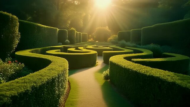 A sun-drenched hedge maze in a formal garden at golden hour.