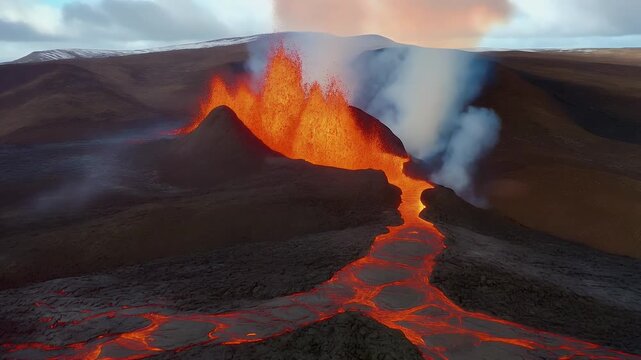 A dramatic triptych showcases a volcanic eruption with molten lava flowing down its slopes and plumes of smoke rising.