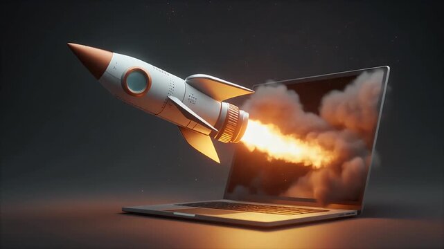 A rocket launching out of a laptop screen, symbolizing digital innovation and progress.
