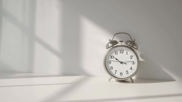 Vintage Silver Alarm Clock Timepiece Beside Sunlit Wall with Dramatic Window Shadow on White Shelf