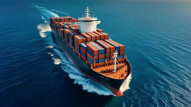 A massive container ship sails across the ocean, carrying a vast cargo.