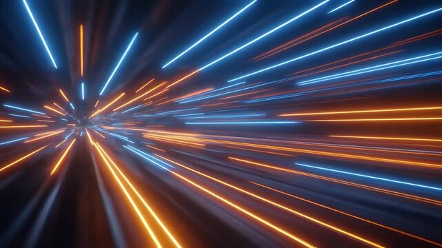 Abstract glowing neon light trails streaking through a dark void.