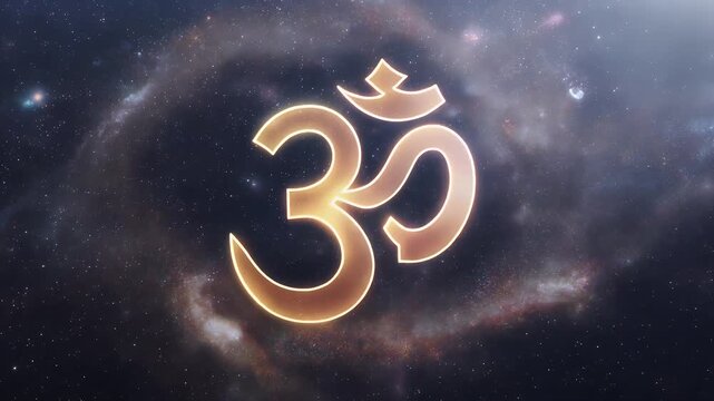 A golden Om symbol glows in a mystical nebula.