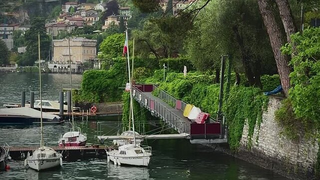 Moltrasio, Italy, Lake Como. Marina scene featuring sailboats at dock, vibrant greenery, and a walkway along the water in a serene coastal environment