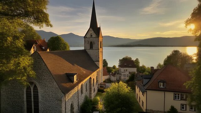 A serene lakeside village with a church at sunset.