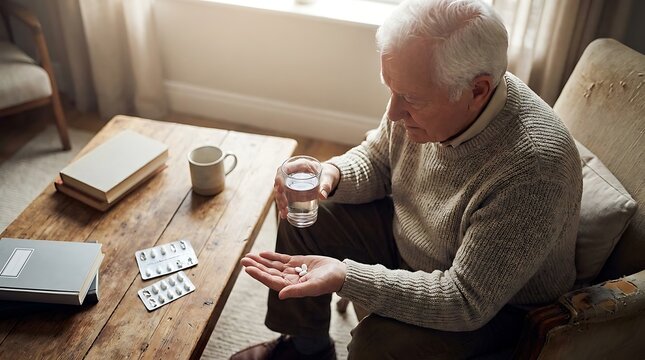 Senior man holding pills and a glass of water
