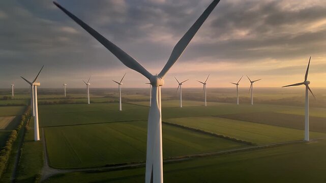A serene sunset illuminates a vast wind farm with turbines spinning gently.