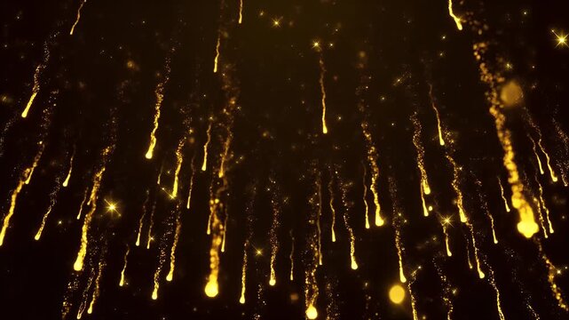 Golden particles falling like meteor showers on a dark background.