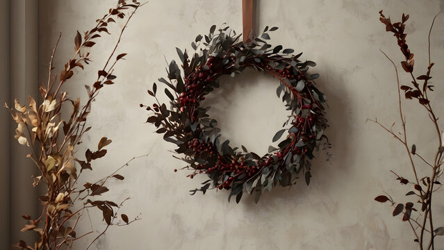 Elegant minimal autumn leaf wreath decoration background