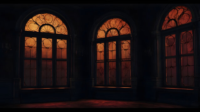 Glowing sunset view through ancient gothic windows