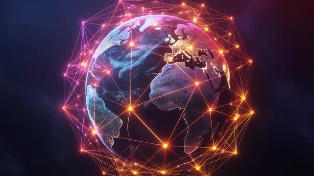Abstract representation of global digital network connections overlaying the Earth.