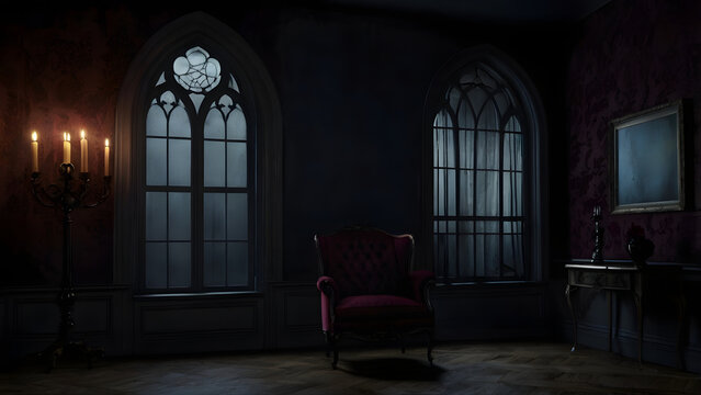 Vintage dark dining room interior with gothic windows