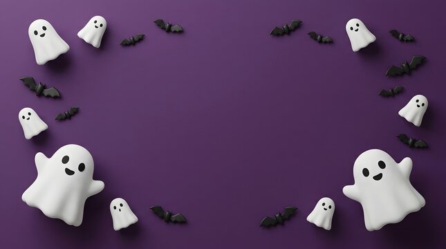 Cute white ghosts and small bats arranged on a dark purple background for halloween celebration design