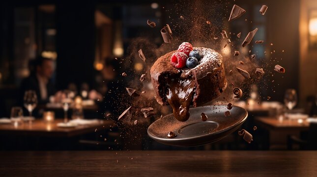 Floating chocolate lava cake exploding with cocoa powder and shards inside a dimly lit restaurant.