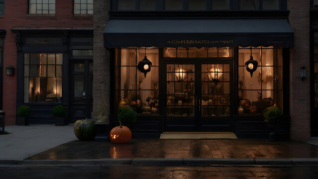 Cozy modern store facade with Halloween pumpkin decoration