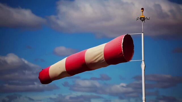 Red and White Windsock Fluttering in Wind Against Cloudy Blue Sky with Weather Vane