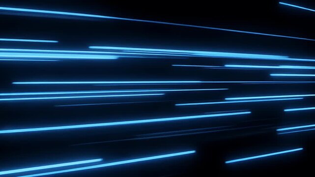 Abstract background of glowing blue light streaks moving rapidly on a dark background.