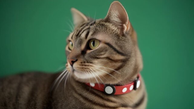A tabby cat with green eyes wears a red collar with white polka dots.