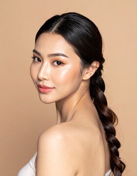 Portrait of a beautiful young Asian woman with glowing skin and braided hairstyle posing against a soft neutral background for beauty campaign.