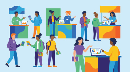 Fototapeta premium Diverse people interacting at exhibition booths, presenting information and engaging with visitors, flat design vector illustration