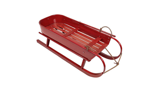 Classic vintage red metallic winter snow sled sledge isolated on transparent background