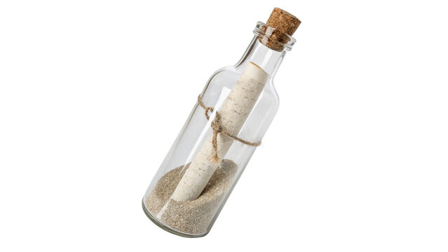 Vintage clear glass message bottle closed with cork isolated on transparent background