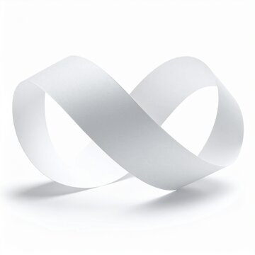 A clean white paper mobius strip isolated on a white background representing the concept of infinity and continuous mathematical perfection.