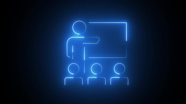 Neon blue glowing icon of a teacher presenting to a group of students in a dark classroom setting