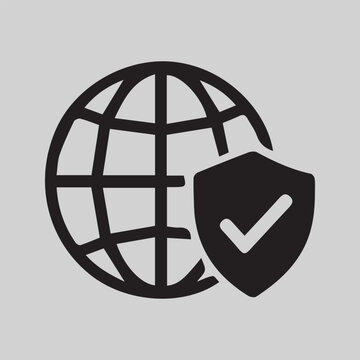 Global security icon featuring a globe with a shield and checkmark symbol.