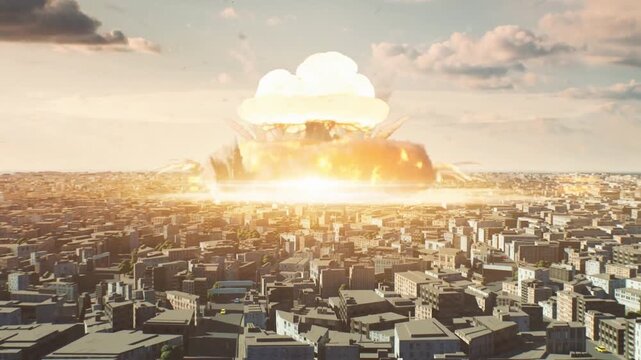 Nuclear Atom Explosion over City, Aerial view Drone view over city with large mushroom cloud and shockwave. Atomic Bomb Nuclear world war Destruction Radioactive Explosion. 3D background Smoke rising
