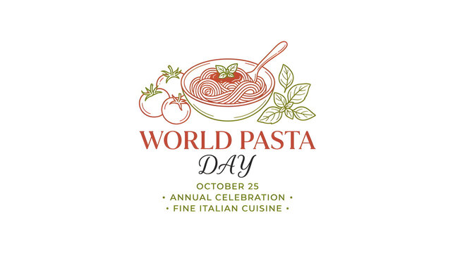 World Pasta Day illustration with spaghetti bowl tomatoes and basil, Italian food concept.