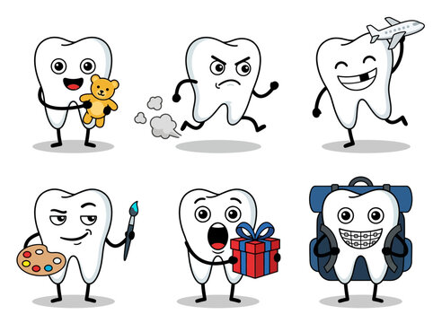 Set of Six Cartoon Tooth Characters for Pediatric Dental Care