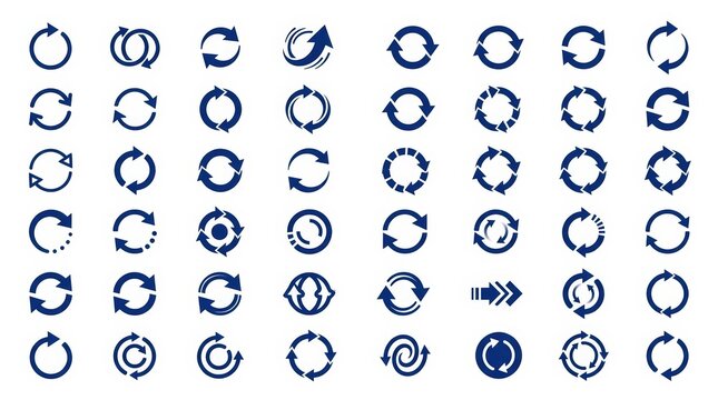 Minimalist blue refresh icons, set of 48 circular reload arrows, flat sync and update symbols for web interface design