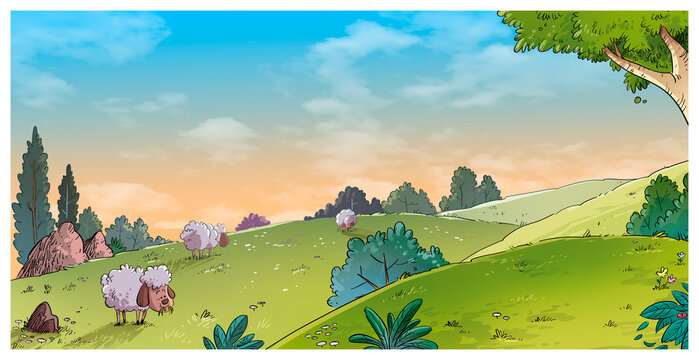 Ilustraci&oacute;n de un prado con ovejas, fondo infantil