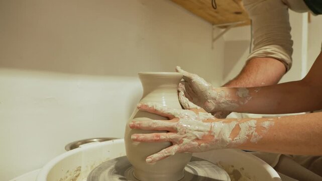 Potter teaching student how to shape clay on a spinning wheel