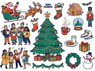 Fototapeta premium Hand-drawn Christmas elements set featuring Santa, decorated tree, snowman, and winter holiday icons for festive designs