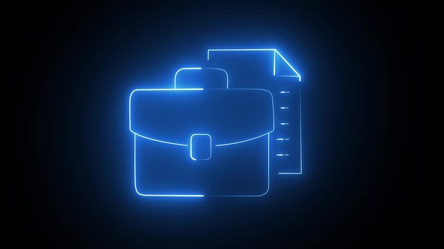 Glowing blue neon briefcase and document icon representing business and professional work