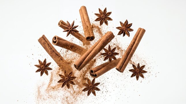 Cinnamon sticks and star anise floating dynamically against a clean white background.